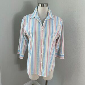 Foxcroft Womens 12 Wrinkle Free Shaped Fit Button Up Shirt Striped 3/4 Sleeve